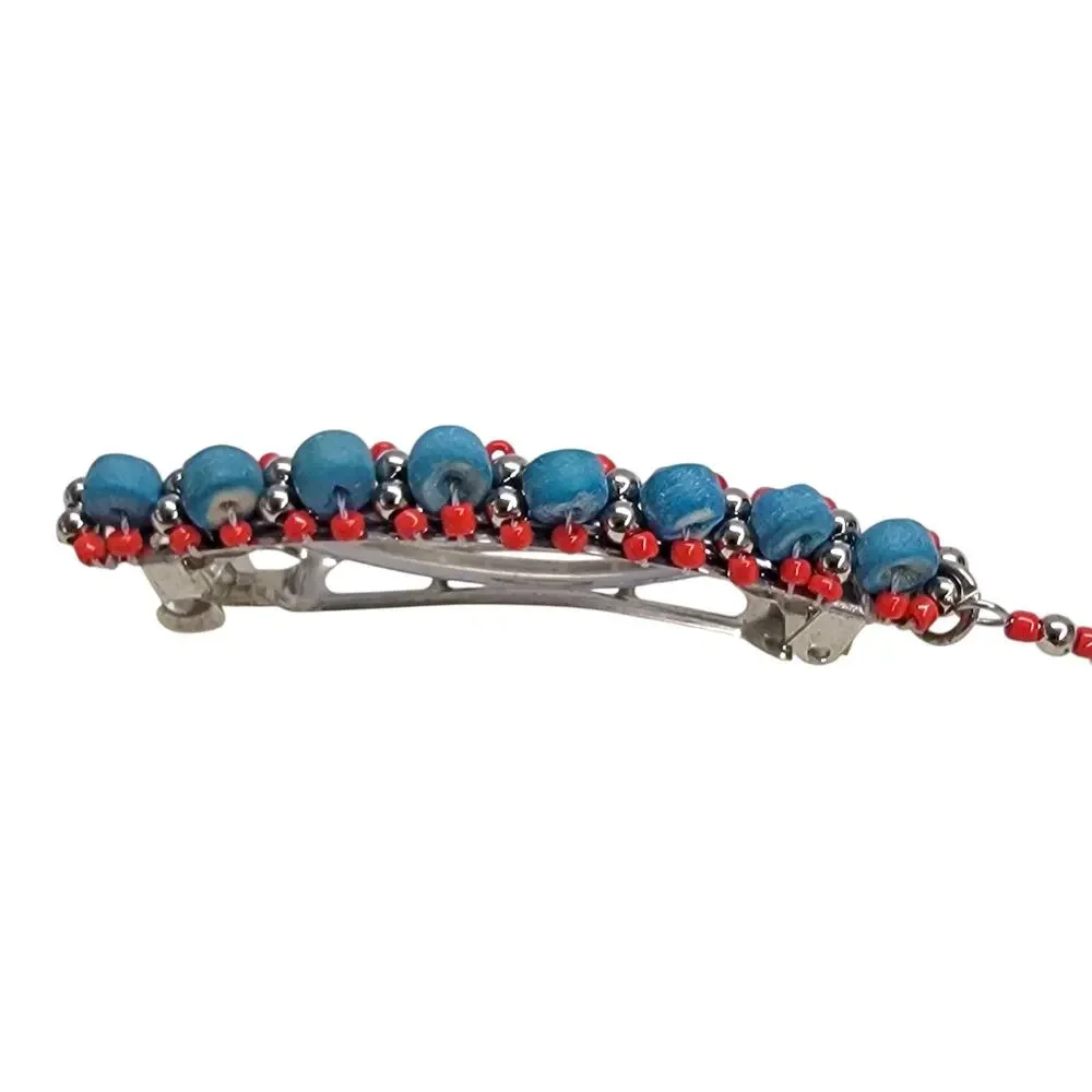 Vintage Southwestern Beaded Hair Clip Barrette Dangle Chain Sunburst Charm